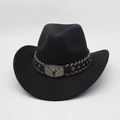Close-up of black cowboy hat with leather band, silver bull head and star rivets - One Size (57cm) / Black