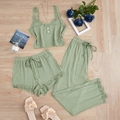 Dreiteiliges geripptes Loungewear-Set mit Spitzenbesatz, Camisole, Shorts und Hose - S / Grün