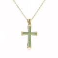 Detailed view of an 18K gold plated cross pendant necklace featuring green zircon stones - Green Zircon/Gold