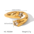 Detail showing 18K gold stainless steel open ring with sparkling zircon stars and dimensions - Gold Double Star Clear Zircon Style (HC-R30384)