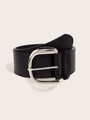 Close-up of black wide leather belt featuring a large silver D-shaped metal buckle detail - Silver Pin Buckle (5.8cm Wide) / Black