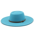 Sky blue wool felt fedora with brown leather belt and wide brim for autumn winter - M (56-58cm) / Lake Blue
