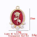 Oval rose charm pendant in light KC gold with red enamel and small pearl accents - 13810-KC Gold Plated-Transparent Red Enamel Pearl Rose