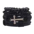 Detailed view of multilayer leather bracelet set with wooden beads and engraved cross - RH257-1 (Black Cross Set)