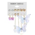 6-pair butterfly earring set with acrylic gauze wings, pearls, and crystals in gold finish - 6 Pairs Set / Pale Blue