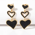 Triple heart drop earrings featuring black crystals and gold-plated geometric link design - Gold Black Zirconia (KDE784)