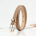 Brown slim leather belt for women with golden buckle and white stitching details - Khaki
