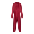 Burgundy mock neck long sleeve bodysuit with half-zipper and waist shaping fit - S / Red