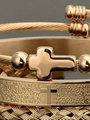 Three-piece gold stainless steel bracelet set with cross bead and engraved scripture - Steel Wire Cross Gold Set