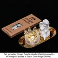 Nordic glass crown candle holder set with golden tray, tealights, and angel figurine - Gold Rimmed Crown Holder + Cute Angel (White) Set