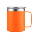 Close-up of matte orange 12oz stainless steel mug with sturdy handle and clear lid - Orange