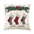 Linen Christmas pillowcase with Hello Winter text and hanging holiday stockings design - TQYM60-9 Christmas Stockings Theme