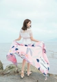 Pink floral beach shawl with blue leaves, tassels and Fashion Moment print detail - Pink Base Floral FashionMoment Style / Light Yellow / 180cm