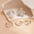 Five-piece silver rings set with baroque pearl and flower minimalist open design - 28# Silver Pearl Flower Irregular Open Rings (5pcs Set)