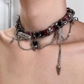 Punk leather choker with silver cross chains and black heart pendant in reddish brown - Wrapped Metal Leather Choker