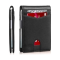 Detail view of black genuine leather slim wallet featuring metal money clip and RFID card slots - Nappa Black