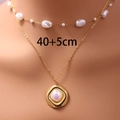 Double-layered gold stainless steel necklace with faux pearls and a round disc pendant - Round Plate Pearl Layered Style