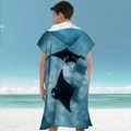 Adult hooded microfiber beach poncho featuring blue manta ray print on sandy beach - Pullover Style - Manta Ray