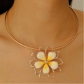 Vintage gold choker with large white petal flower pendant for women's jewelry collection - Gold Glazed Flower Choker (8791)