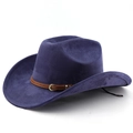 Détail du chapeau de cowboy en daim bleu violet avec ceinture marron et boucle en métal - M(56-58cm) / Bleu marine