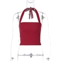 Detailed front view of a red slim-fit halter neck crop top on a clear mannequin - S / Red