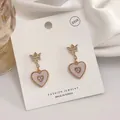 S925 silver needle heart crown earrings in gold with pink center and white rhinestones - Gold Crown Pink Heart S925 Silver Pin Studs