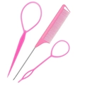Detailed view of 3-piece pink hair styling tool set with tail comb and hair loop tools - Pink 3-Piece Set