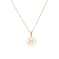 Gold plated initial M letter necklace with white mother of pearl inlay on round pendant - M