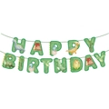 Close-up of Happy Birthday banner with watercolor cartoon dinosaur motifs and volcano icons - Happy Birthday Banner Set