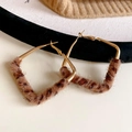 Close-up of geometric trapezoid leopard print earrings with gold metal and velvet texture - 45# Silver Pin - Gold - Plush (Leopard Plush Rhombus)