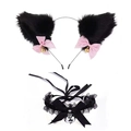 Black lace cat ear headband and choker set with pink bows and gold bells on white background - All Black Cat Ears + Black Lace Choker