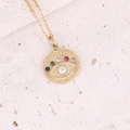 Golden necklace featuring a hammered round pendant with a colorful zircon evil eye design - Hammered Round Colorful Eye Style (3#)