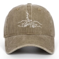 Close-up of white line embroidery on washed khaki vintage cotton baseball cap - Khaki