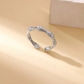 Detailed view of silver open ring with wavy texture, small zircon, and S925 hallmark stamp - Adjustable Open / Silver Wave Inlaid Style (P4127590)