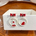 Asymmetric Christmas earrings featuring a festive red bow, mini tree, and Santa hat - E5741-10 Bow Christmas Tree Hat