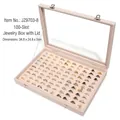 Pink velvet jewelry box with 100 slots and transparent glass lid for ring storage - 100-Slot Ring Holder - Beige