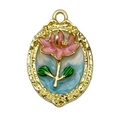 French vintage style oval gold pendant with pink lotus flower in blue enamel design - White-Blue Gold-Sprinkled Flower-24434