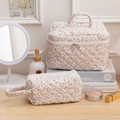 Floral quilted cotton makeup bag set with top handle and secure zipper closure - Sanitary Napkin Bag / Pink Floral