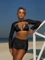 Detail view of black mesh lace bikini set with long sleeve cover-up and drawstring skirt - S / Black