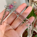 Luxurious beaded flower hair clip with blue and pink petals and silver heart pendants - Hollow Crystal Flower Tassel Clip