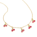 Gold-tone cherry fruit necklace with red and green cubic zirconia charms on white base - Five Cherries Style (XL00088)