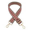 Detailed view of adjustable red and beige striped bag strap with gold metal hooks - Burgundy