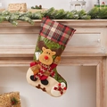 Green Christmas stocking with 3D reindeer and snowman characters on a fireplace - Large Plaid Reindeer Sock