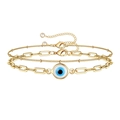 Golden paperclip chain bracelet with Evil Eye pendant and beaded layer for women - Gold Double Layer Stacked #5 (Stainless Steel)