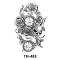 TH-483 temporary tattoo sticker featuring black and white skull rose and pocket watch - Th-483 / 210*148mm