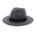 Classic dark grey wool fedora hat with black grosgrain ribbon and wide flat brim - M (56-58cm) / Dark Grey