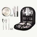 Outdoor camping cutlery set including stainless steel plates, utensils, and black storage bag - [Standard] Silver 10-Piece Set