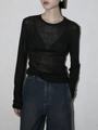 Detail of black semi-sheer knit long sleeve top with textured fabric and slim fit design - XS / Black