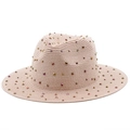 Close-up of straw panama hat featuring colorful rhinestone embellishments and fine weaving - M (56-58cm) / Light Pink