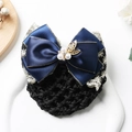 Blue satin bow hairnet with gold leaf and pearl accents for nurse or flight attendant - Three Pearls Lace Gold Edge Blue
